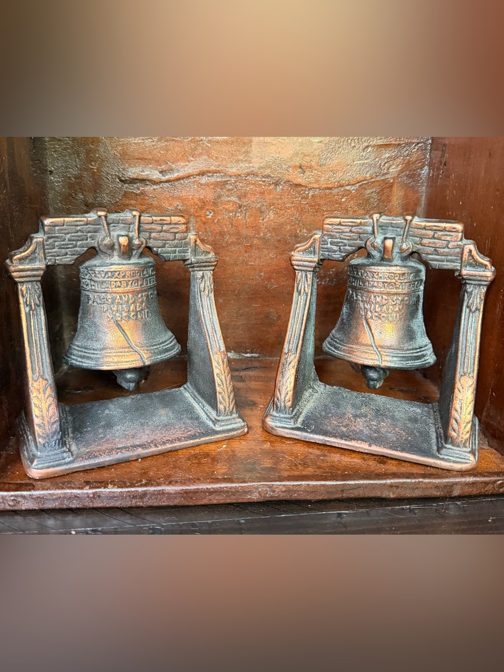 Pair of Decorative Liberty Bell Bookends in Antique Brass Tone